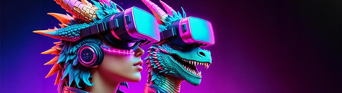 AI render of a young lady and her dinosaur pal wearing 3D Vision goggles.