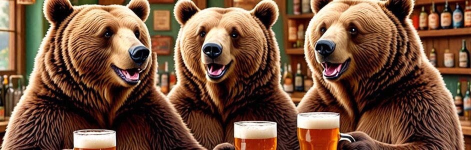 3 bears in a bar drinking beer and sharing a laugh.