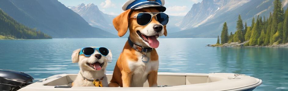 Doggie couple enjoying a day on the lake in their boat. Looking good in their shades!