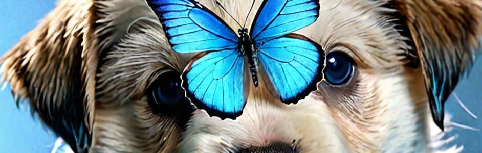 A blue butterfly lands on a puppy's face.