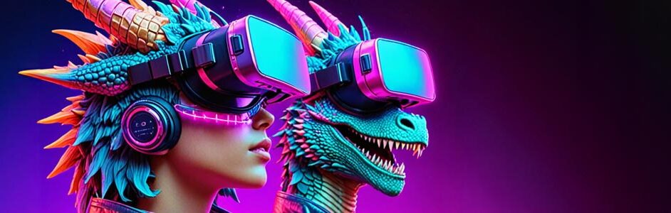 AI render of a young lady and her dinosaur pal wearing 3D Vision goggles.