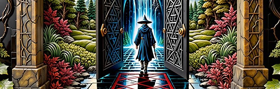 An Asian Wizard walking through a magic portal.