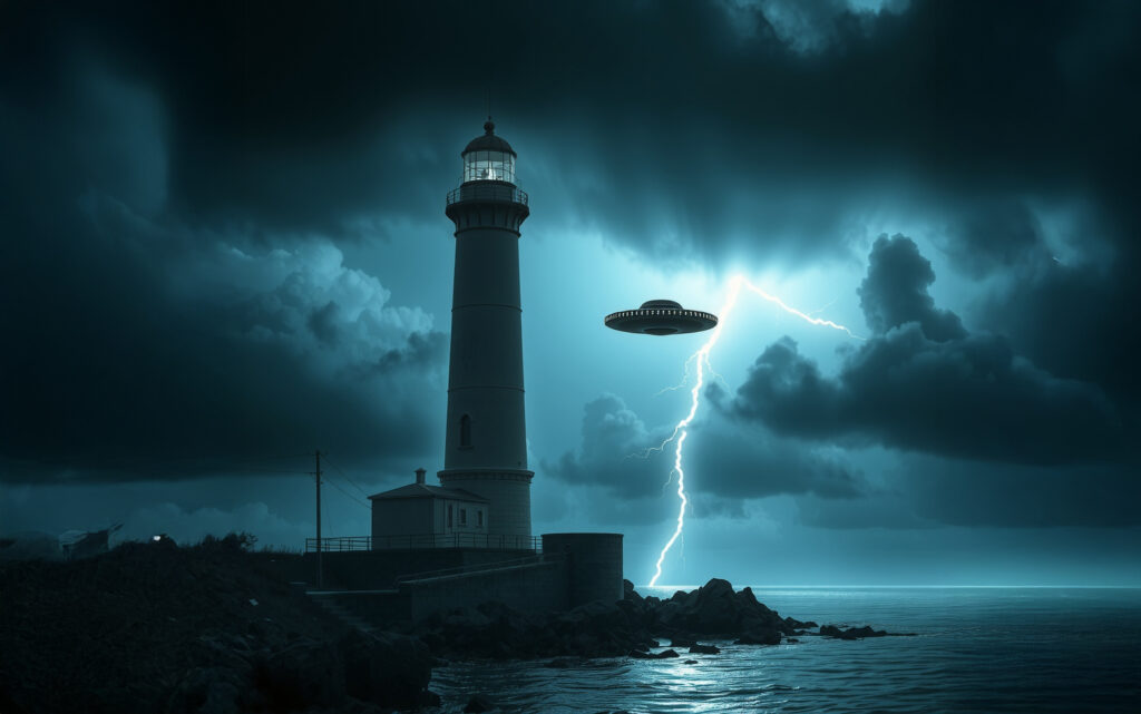 A UFO and a lighthouse. Stormy seas at night.